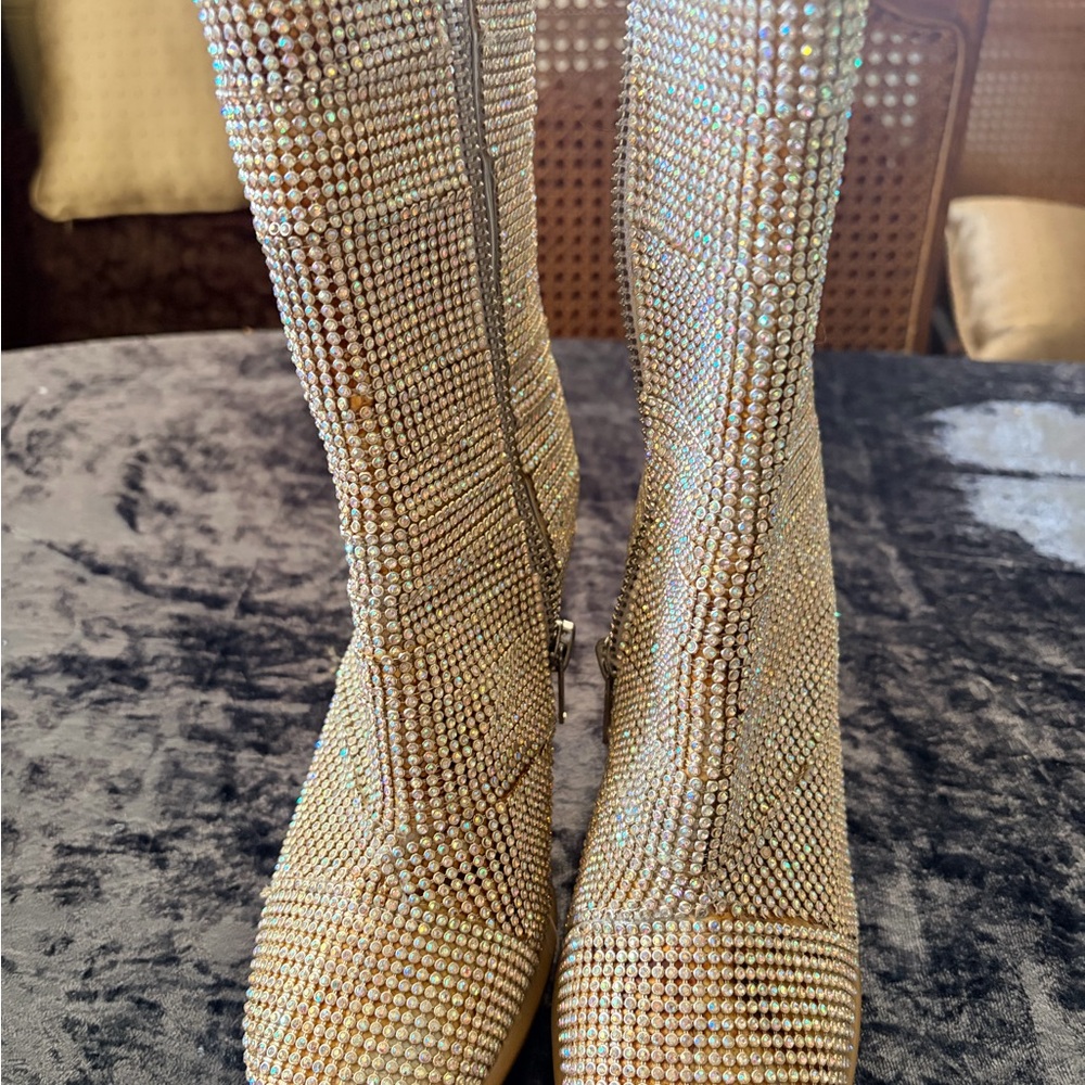 Crystal-Embellished Gold Knee-High Heeled Boots